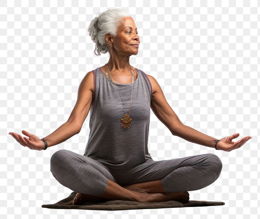 PNG Black female elder yoga sitting sports adult. 