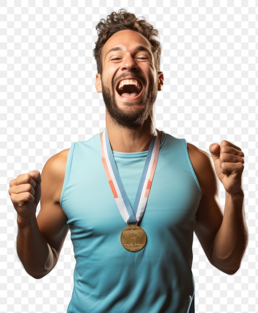 PNG  Happy runner wearing medal shouting laughing adult. AI generated Image by rawpixel.