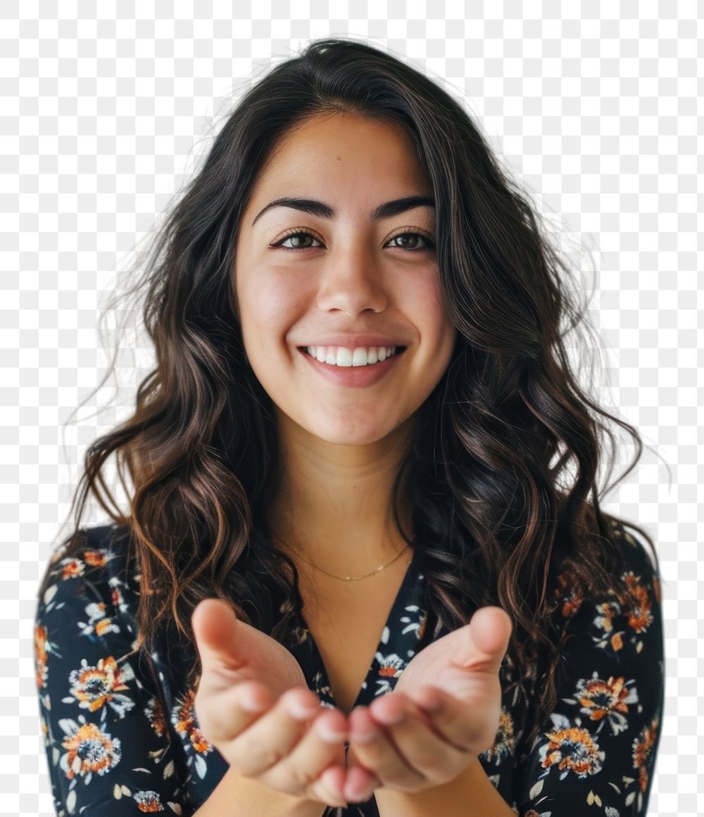 PNG Young Latina woman portrait finger smile. AI generated Image by rawpixel.