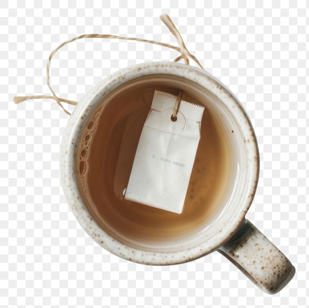 PNG Beige ceramic mug with teabag label drink refreshment lighting. AI generated Image by rawpixel.