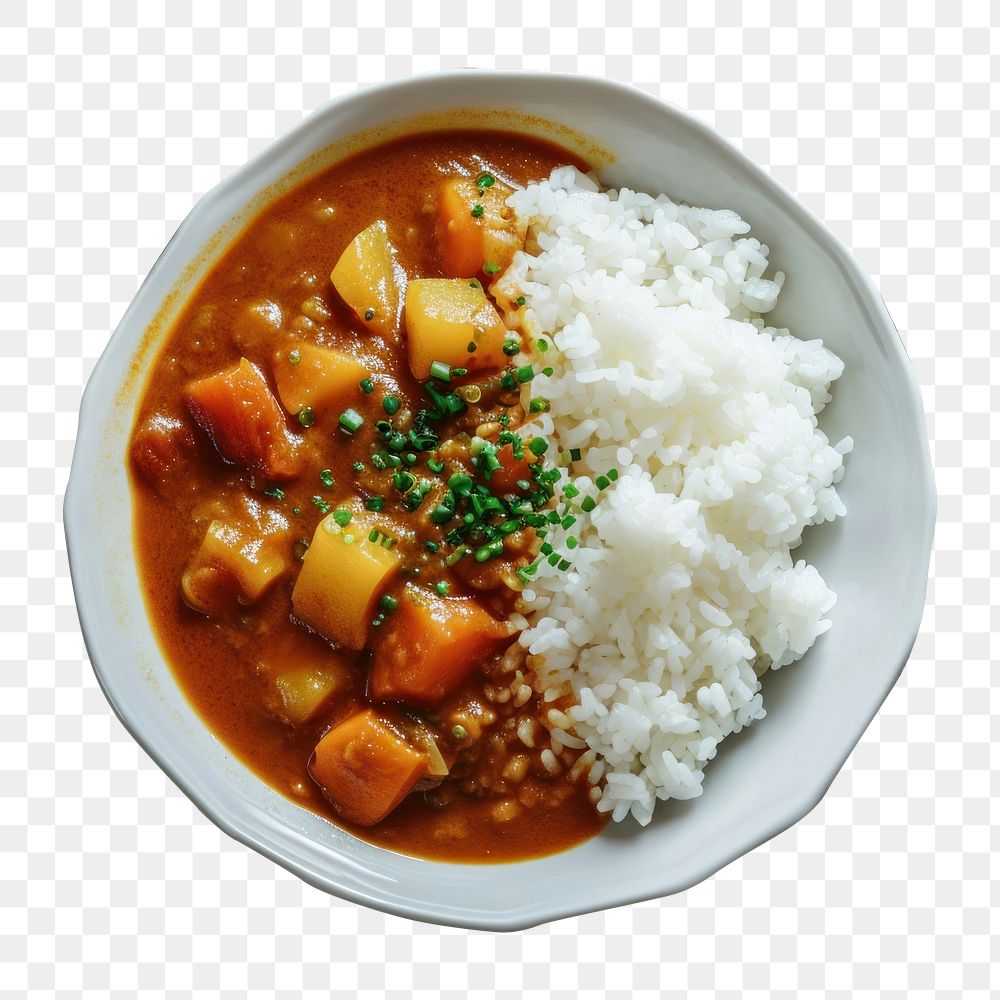 PNG  A dish of japanese curry rice on a clean table food stew meal. AI generated Image by rawpixel.