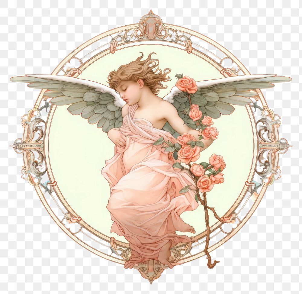 PNG  Full body of cupid in the style of Alphonse Mucha angel adult representation.