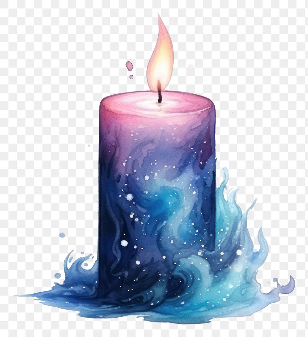 PNG  Galaxy element of candle in Water color style fire illuminated cylinder.