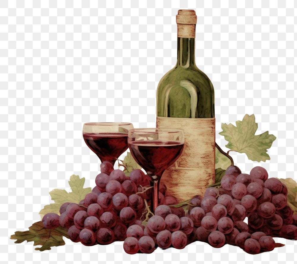 PNG Illustration of wine painting bottle grapes.