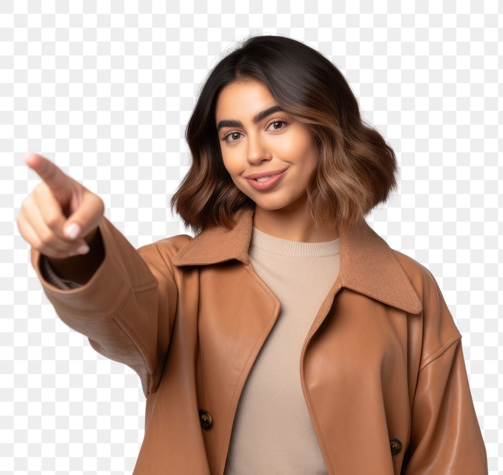 PNG  Young Argentinian woman pointing finger over portrait jacket adult. AI generated Image by rawpixel.