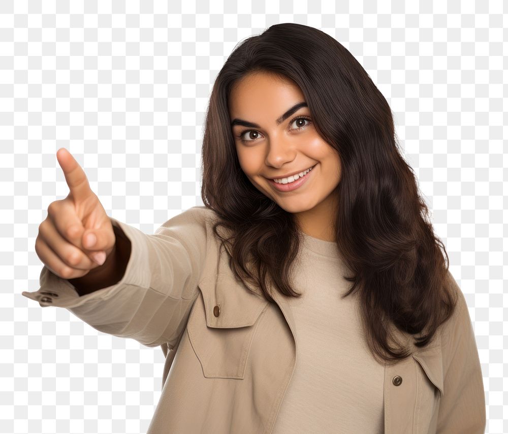 PNG Young Argentinian woman pointing finger over smile adult hand. 