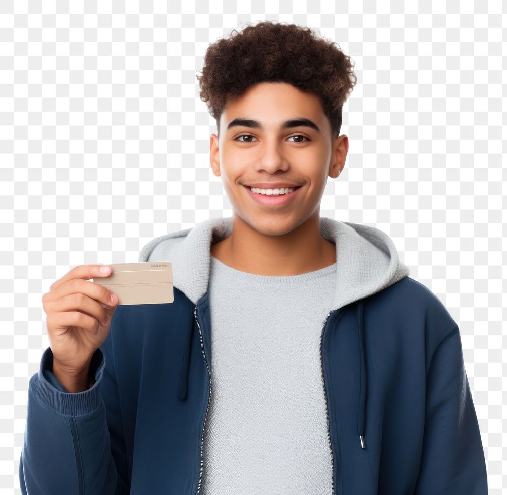 PNG Young latin man holding white background credit card.