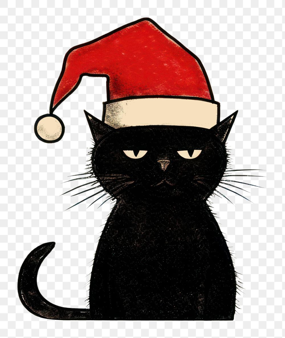 PNG  Black cat wearing santa hat drawing animal mammal. AI generated Image by rawpixel.