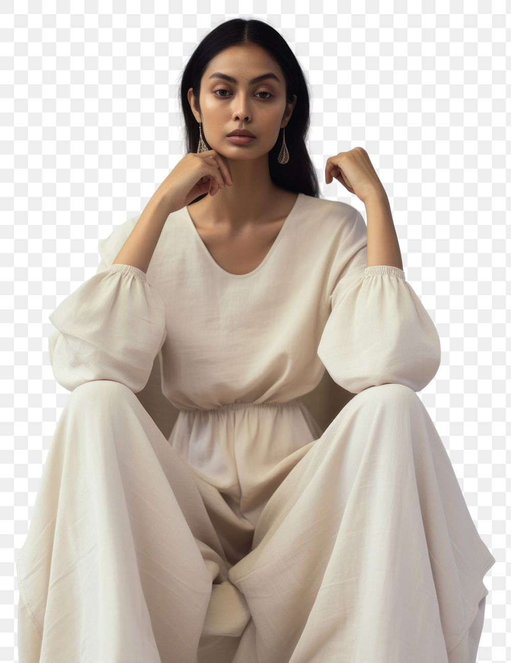 PNG Cream dress mockup portrait sitting fashion.