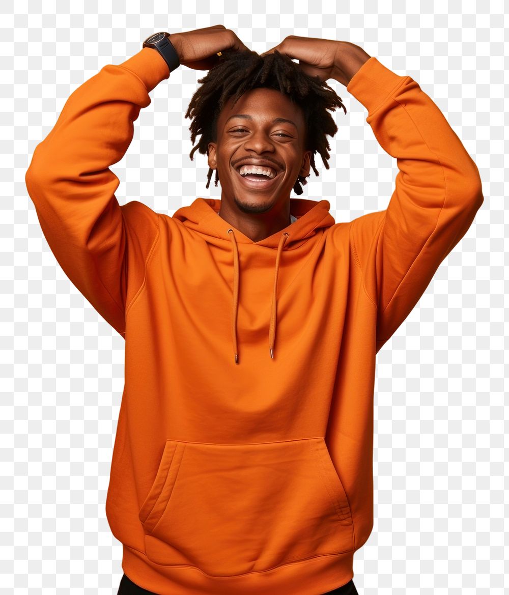 PNG Young black man in sweatshirt with his arm up over his back head laughing happy triumphant. AI generated Image by…