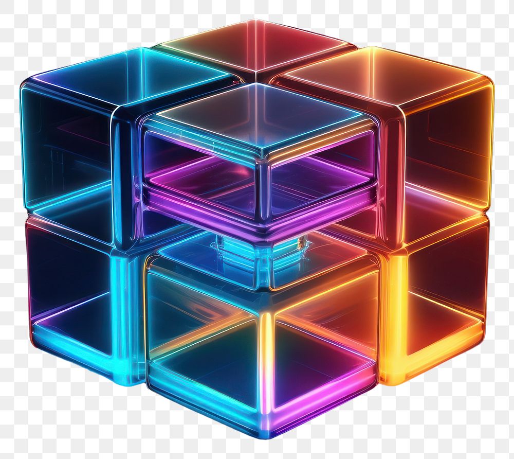 PNG  3D render of cube shape neon toy illuminated.