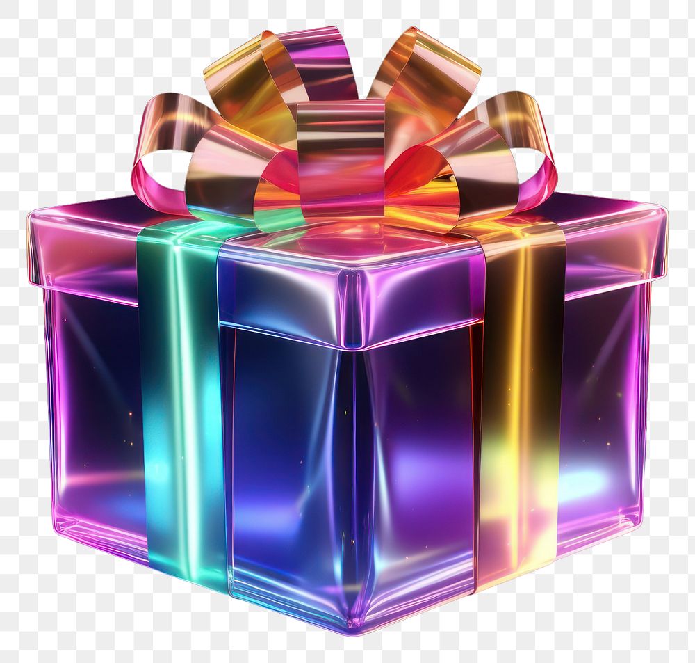 PNG  3D render of gift box neon illuminated celebration.