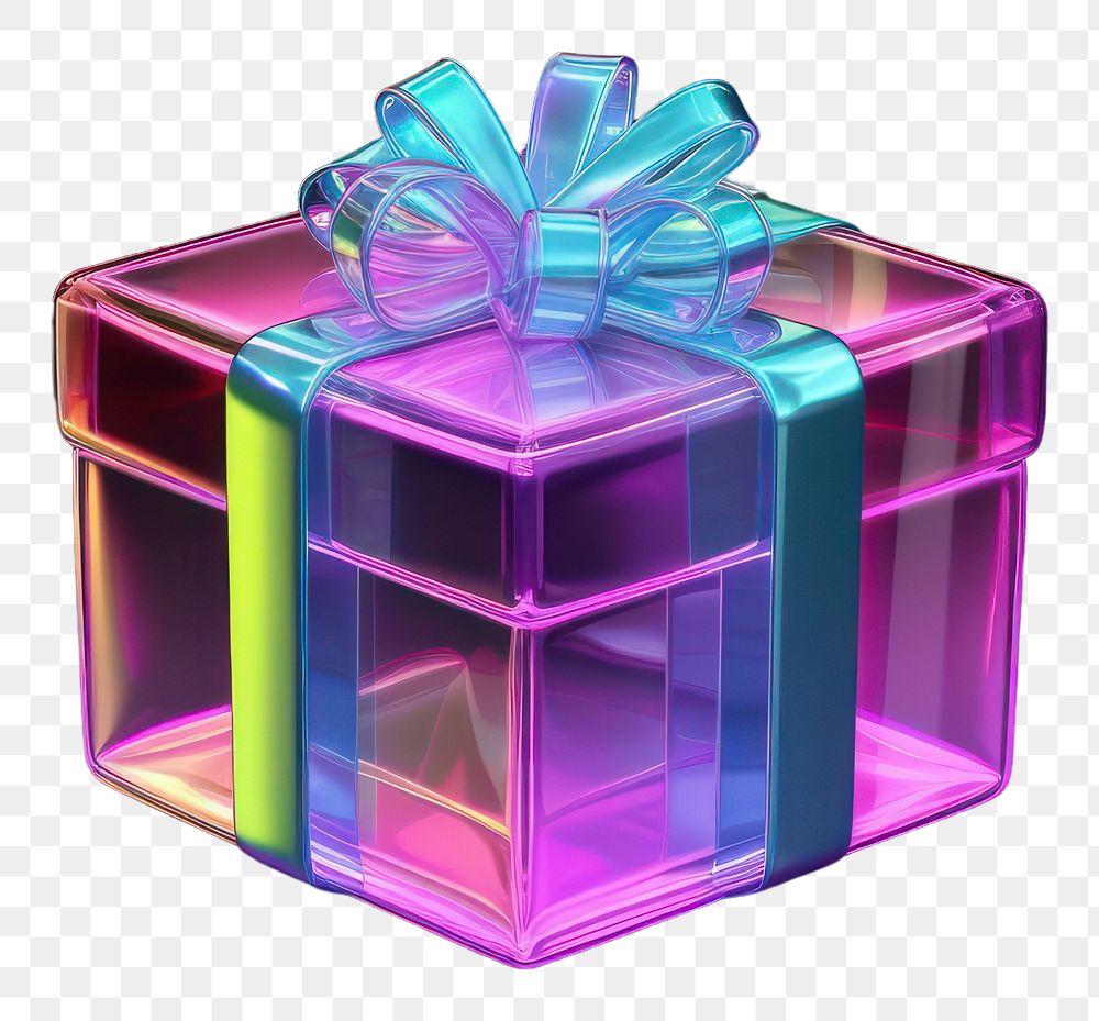 PNG  3D render of gift box neon bow illuminated.