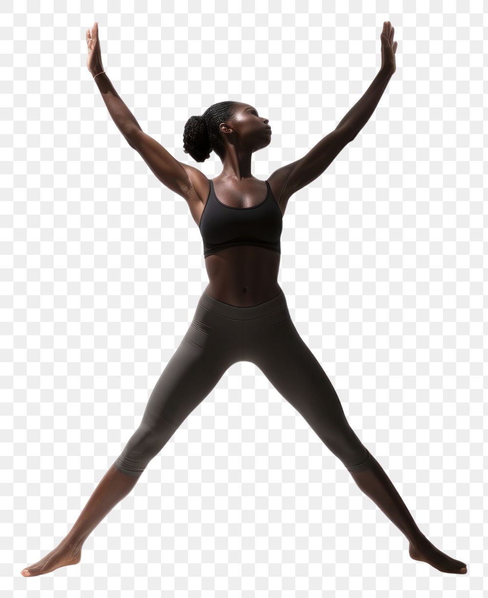 PNG  Black sports woman doing fly yoga stretching exercise dancing. AI generated Image by rawpixel.