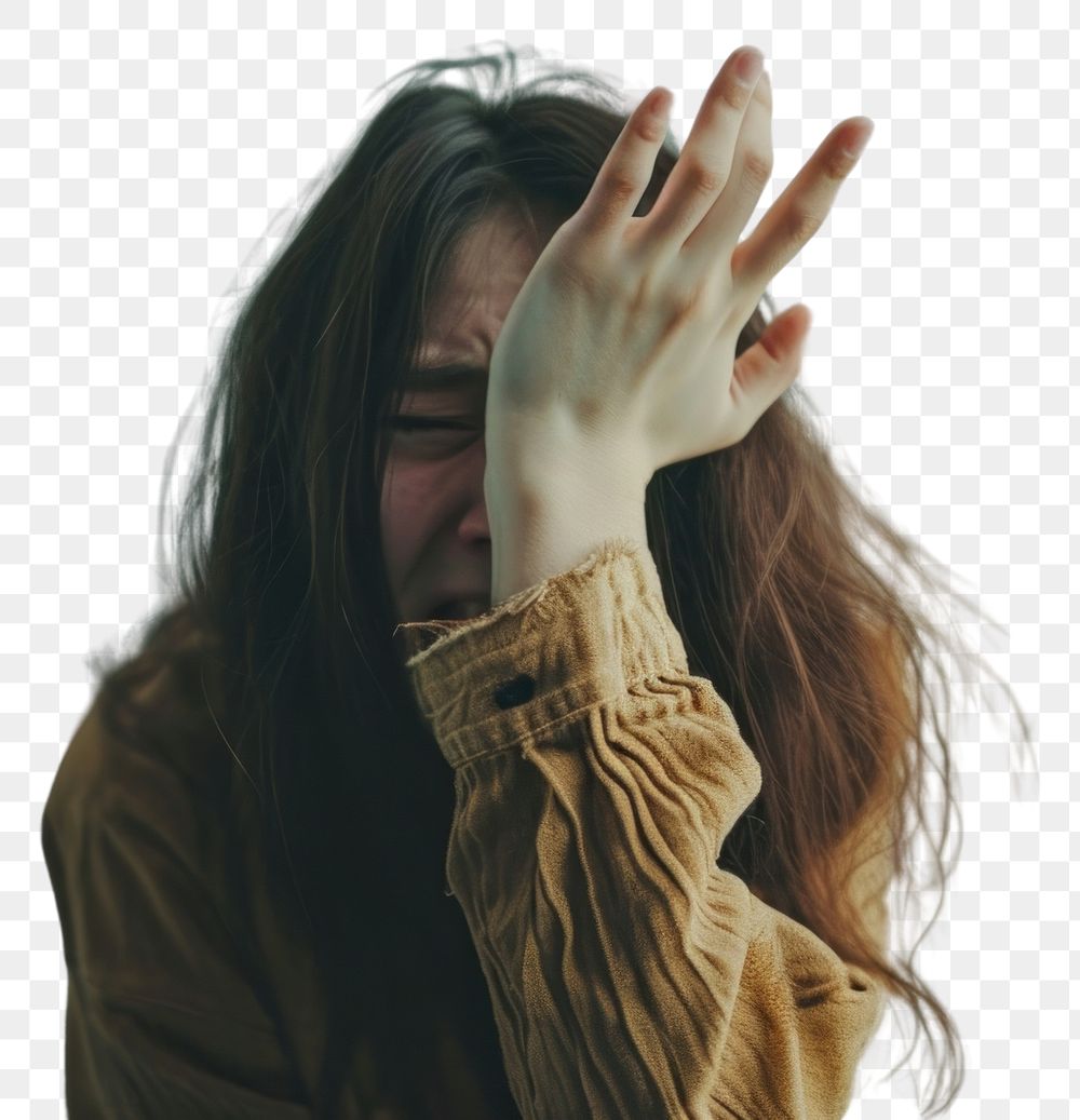 PNG Girl crying and showing stop gesture hand contemplation hairstyle.