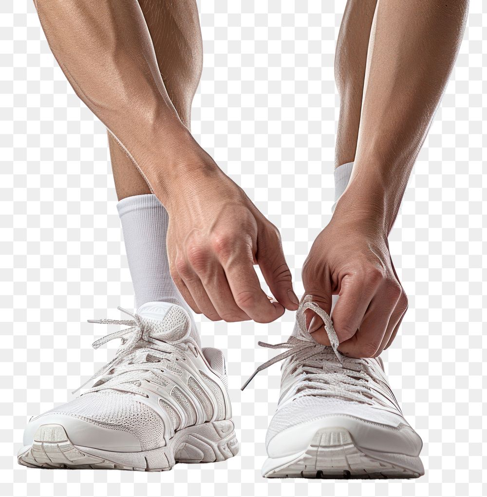 PNG  Man athlete tying running white shoes footwear hand exercising. AI generated Image by rawpixel.