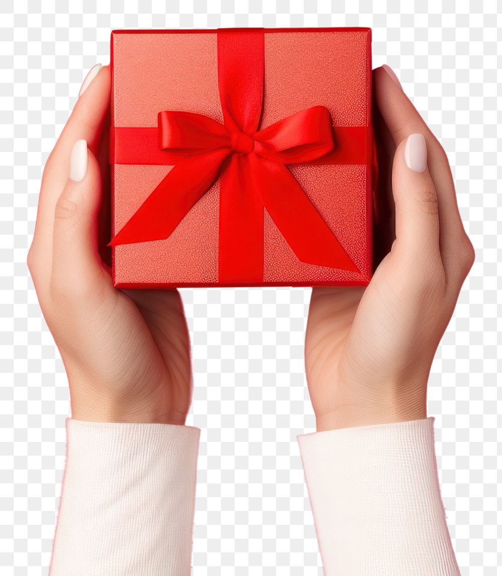 PNG  Woman hands holding a luxury gift box paper bow red. AI generated Image by rawpixel.