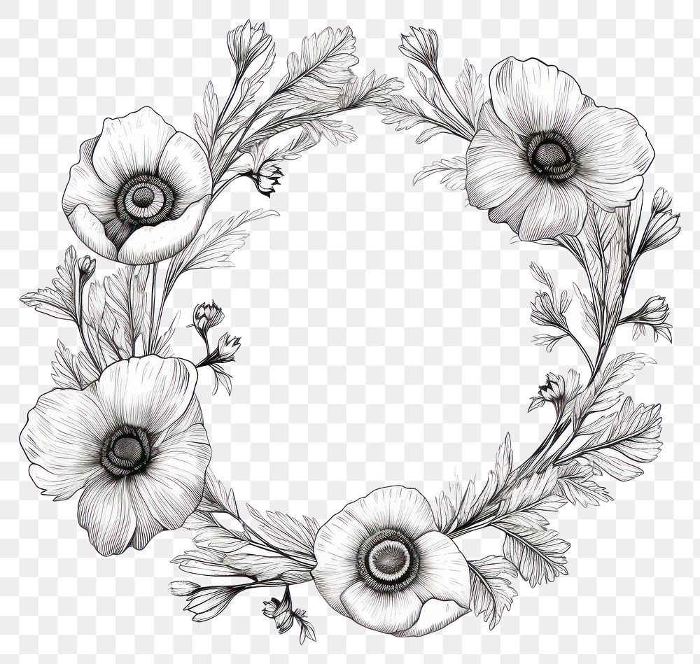 PNG Circle frame with anemone drawing sketch pattern.