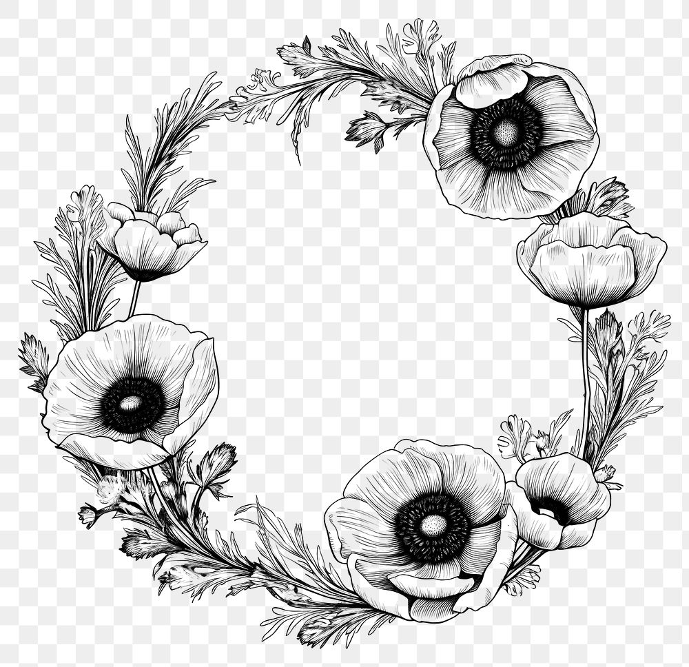 PNG Circle frame with anemone drawing sketch pattern.