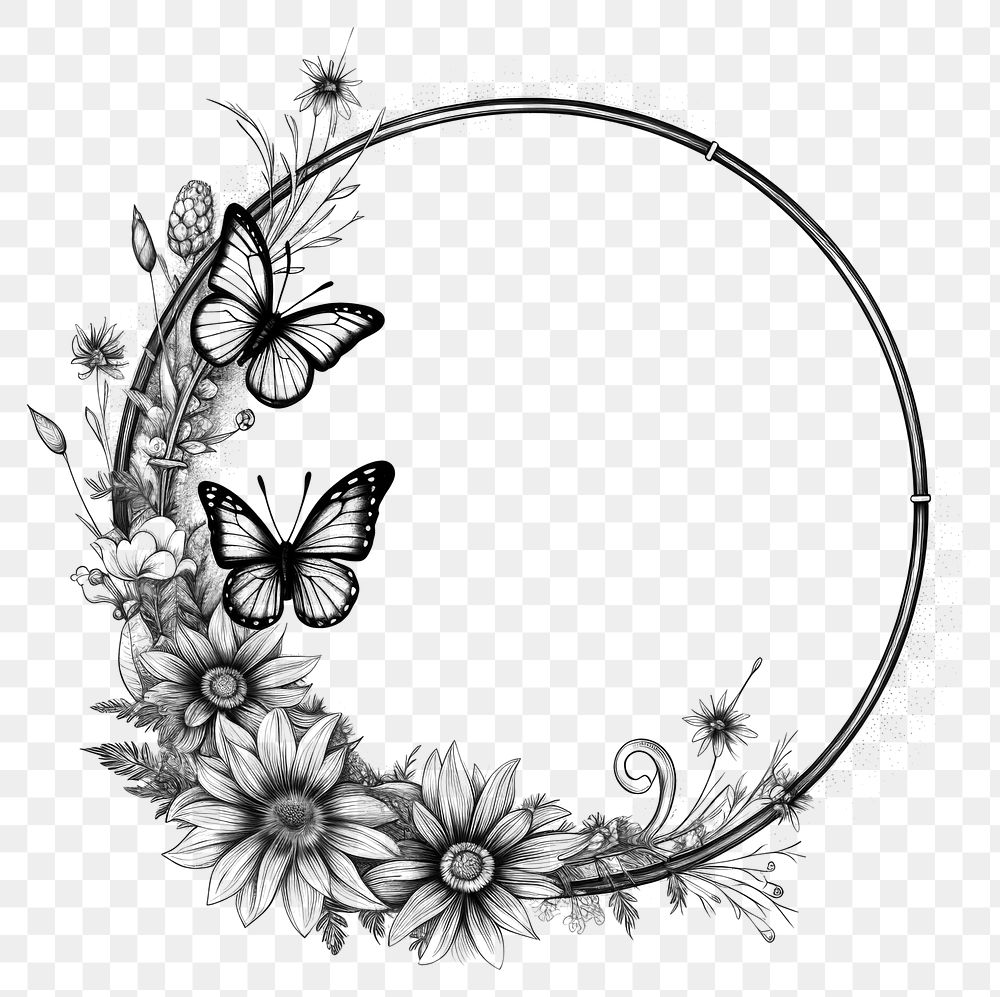 PNG Circle frame with butterfly and flower drawing sketch pattern.