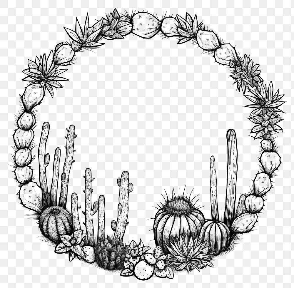 PNG Circle frame with cactus drawing sketch doodle.