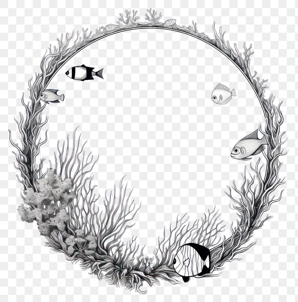 PNG Circle frame with coral and fish drawing sketch illustrated.