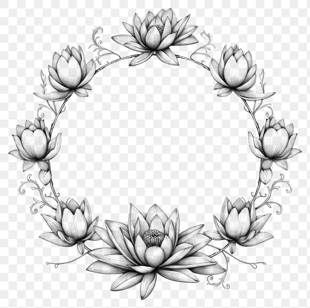 PNG Circle frame with lotus drawing sketch pattern.