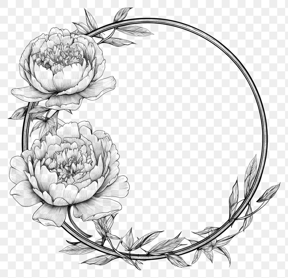 PNG Circle frame with peony drawing sketch illustrated.