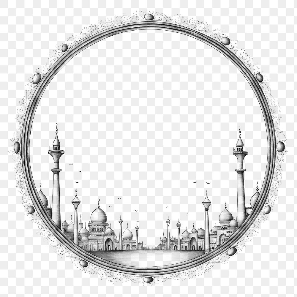 PNG Circle frame with Ramadan Mubarak drawing sketch white background.