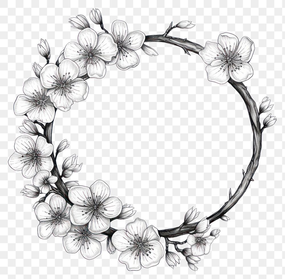 PNG Circle frame with Sakura drawing sketch flower.