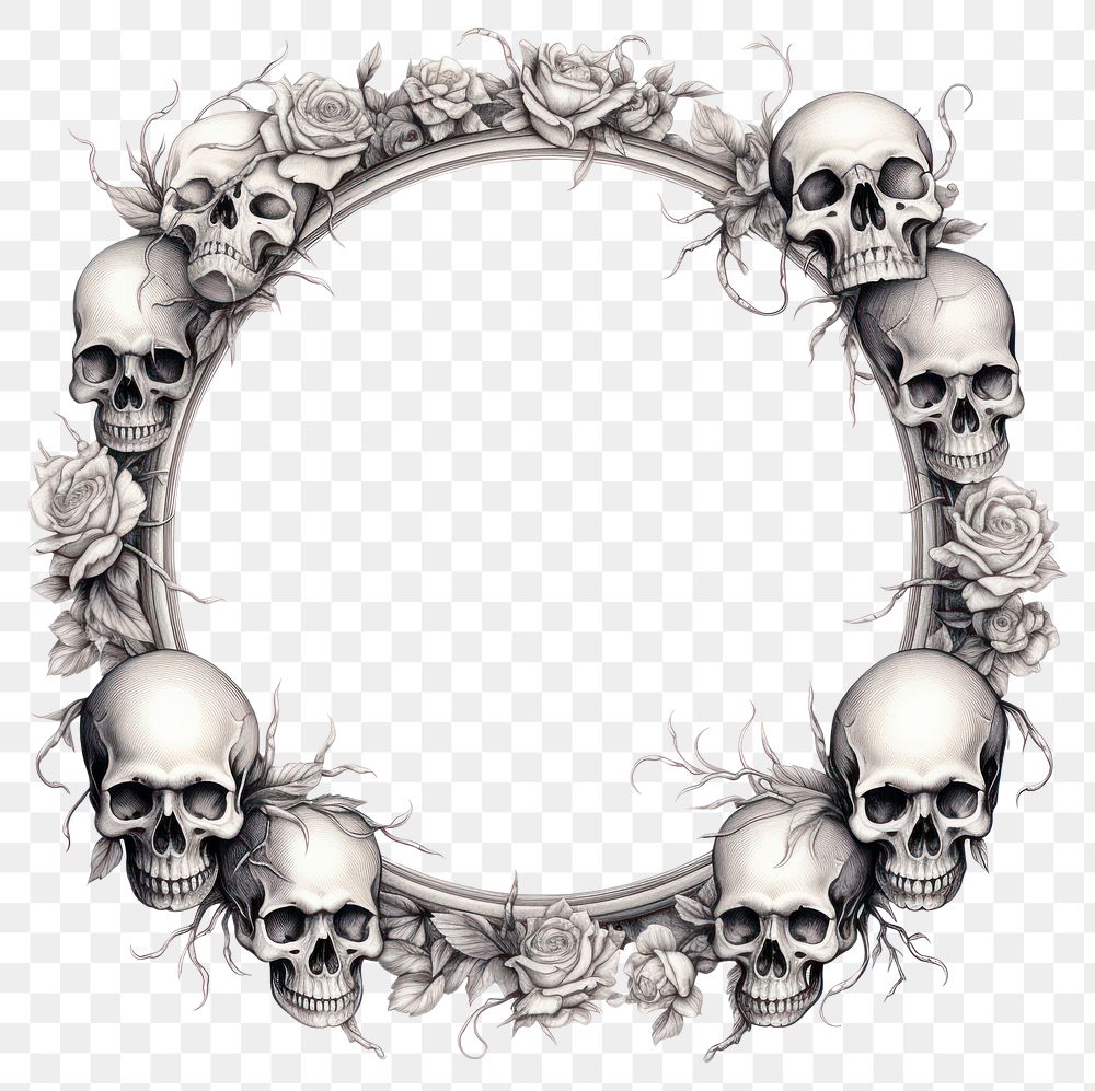 PNG Circle frame with skull and roses sketch drawing accessories.