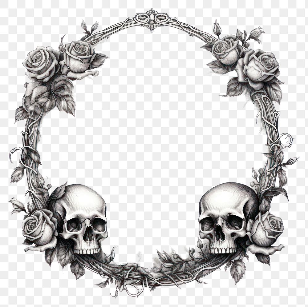 PNG Circle frame with skull and roses sketch white background accessories