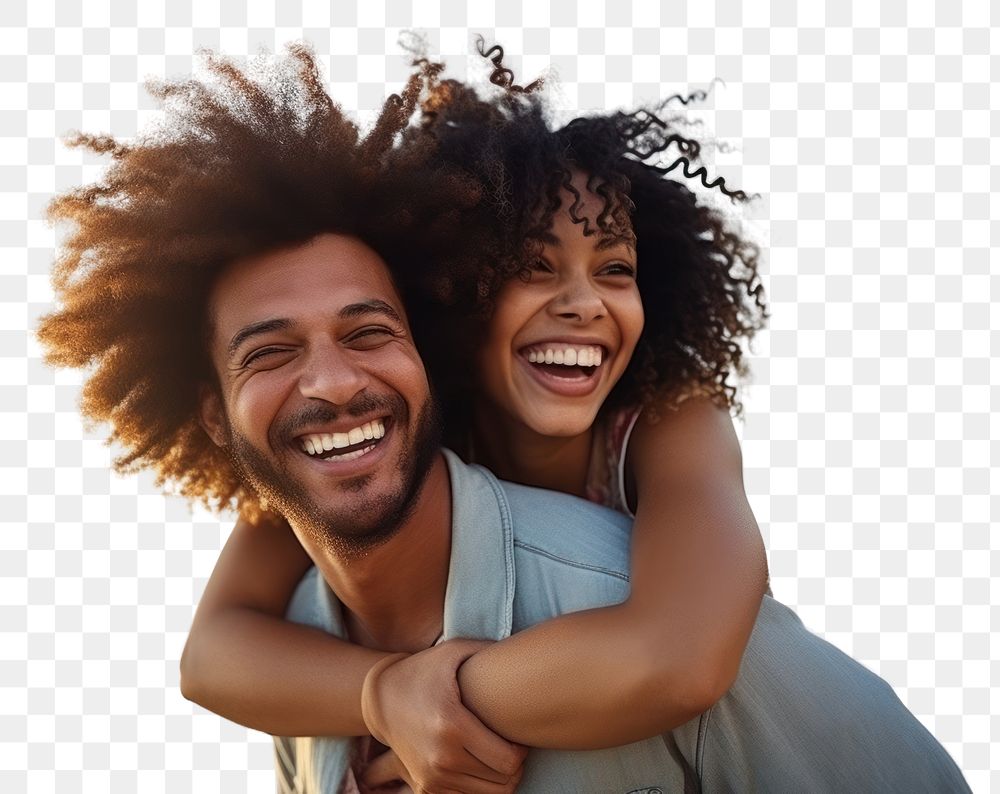 PNG  Portrait of black couple at the beach smile laughing vacation