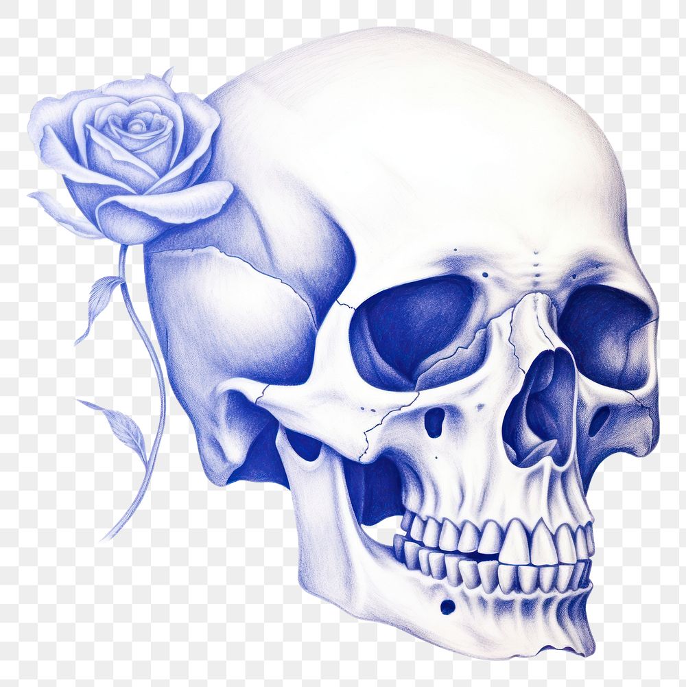 PNG  Drawing skull with rose sketch blue art.