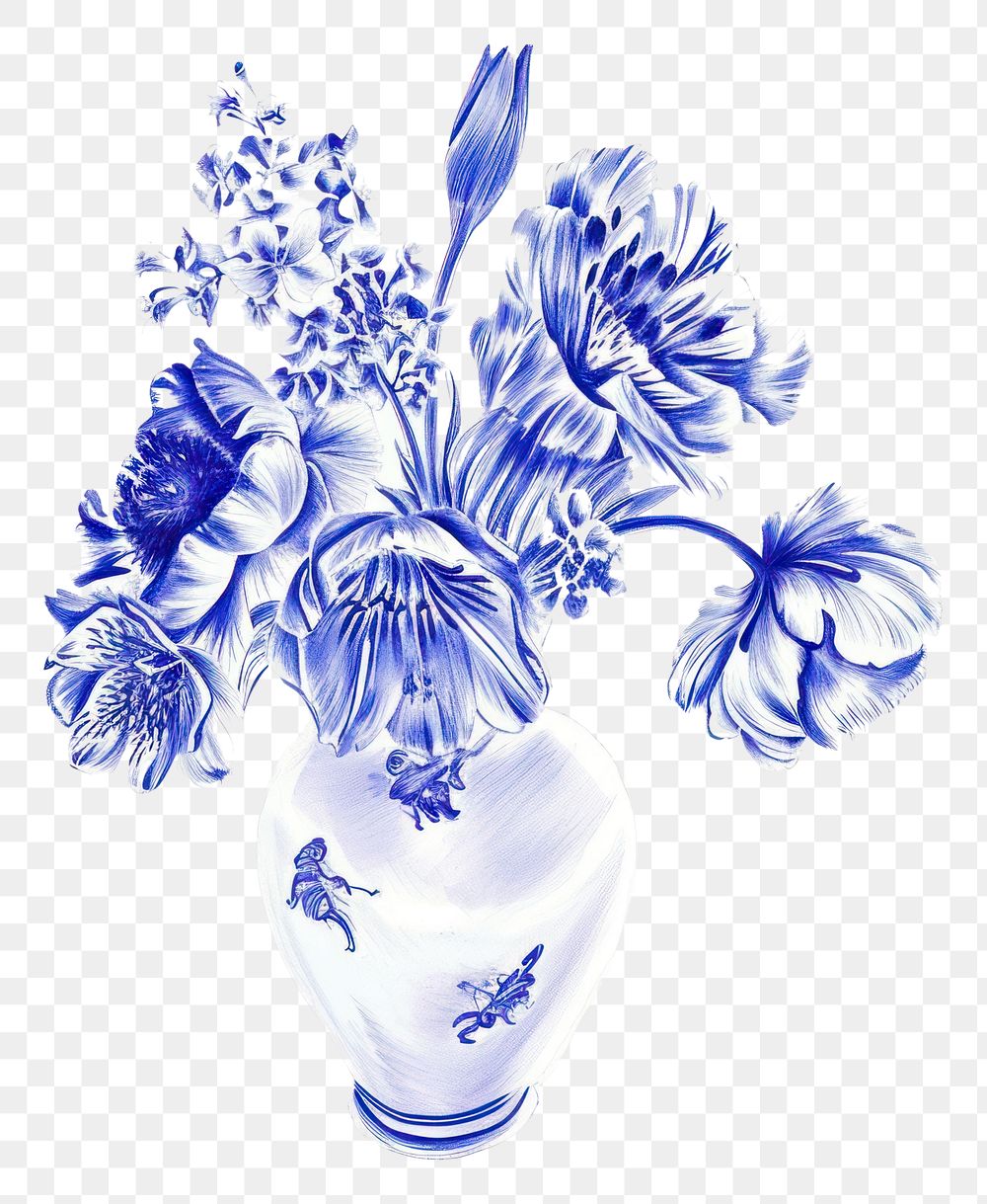 PNG  Drawing vase of flower pattern sketch blue.