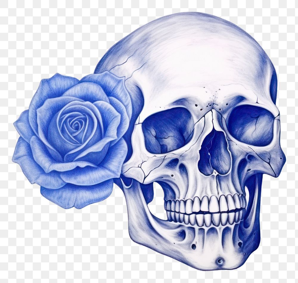 PNG  Drawing skull with rose sketch blue illustrated.