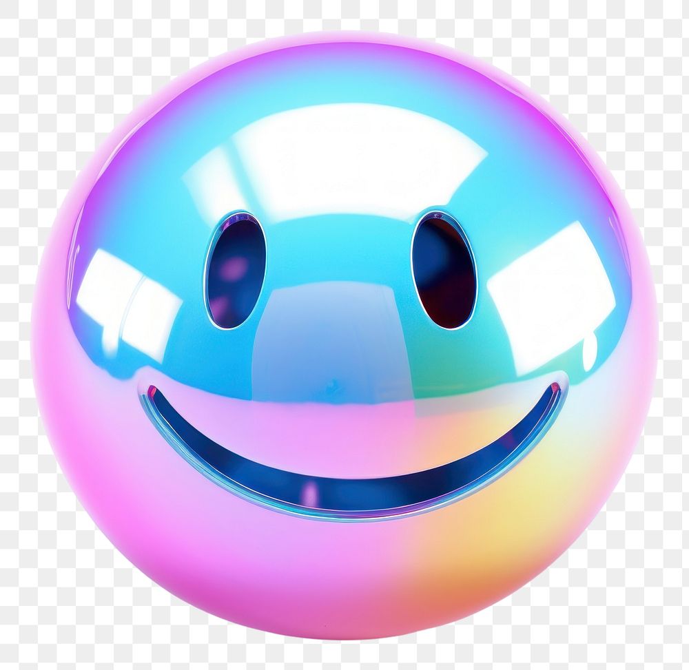 PNG  Smiley emoji iridescent sphere purple white background.
