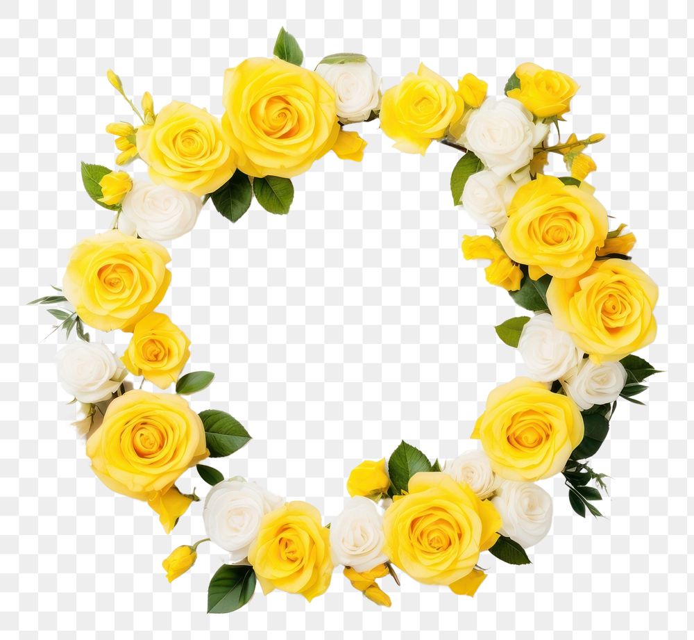 PNG Circle frame spring flowers yellow roses petal plant white background.