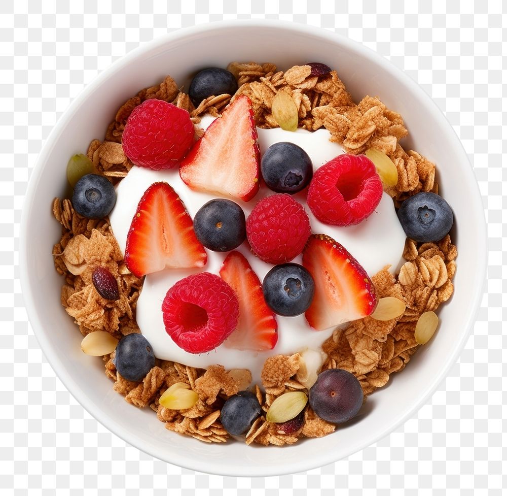 PNG Granola muesli in a bowl food strawberry breakfast. AI generated Image by rawpixel.