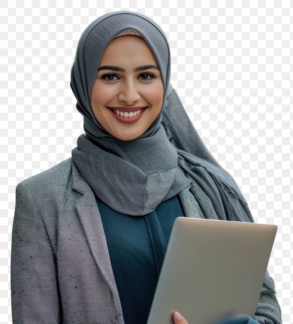PNG  Muslim business woman holding a laptop smiling scarf smile. AI generated Image by rawpixel.