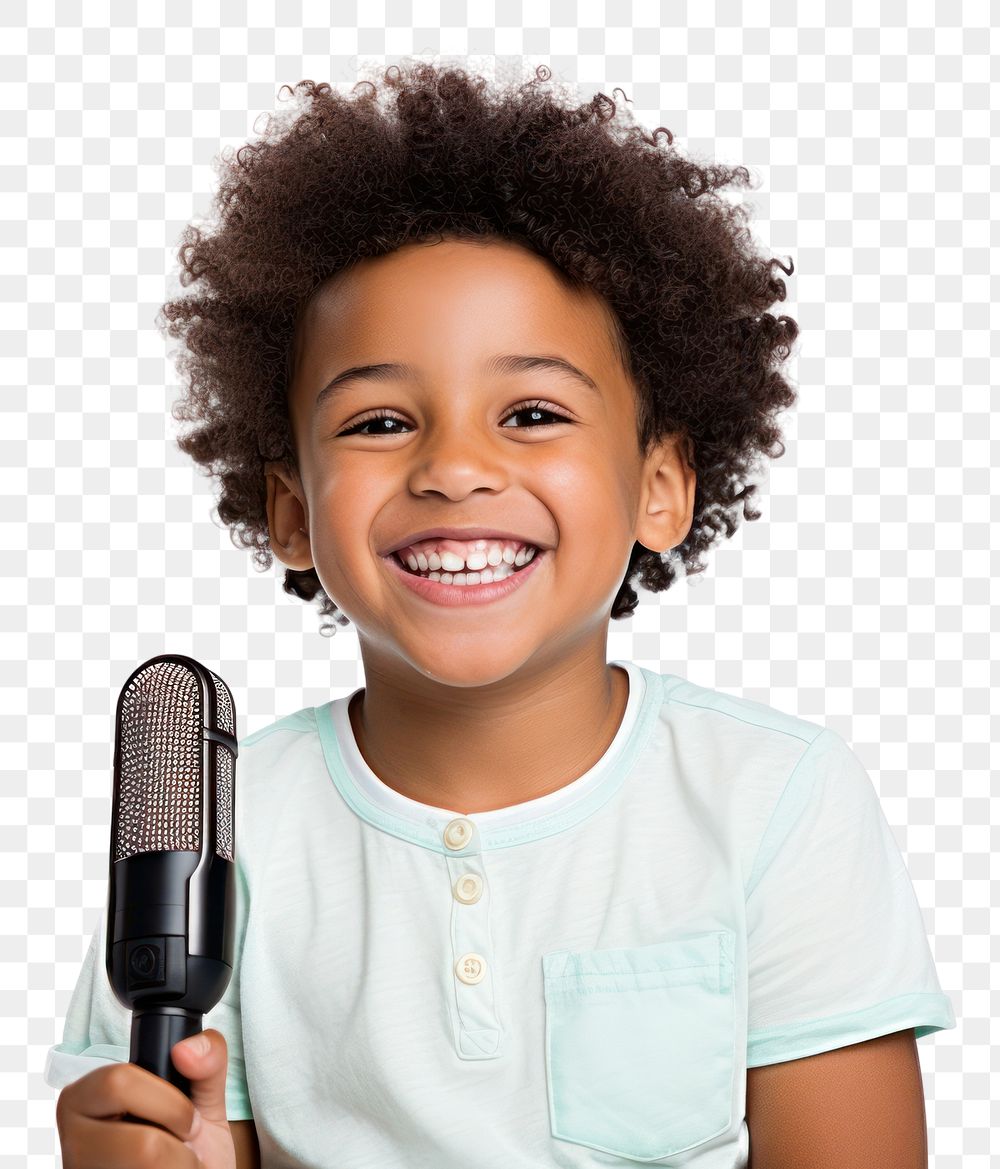 PNG African American happy kid with book on his lap microphone portrait smile. AI generated Image by rawpixel.