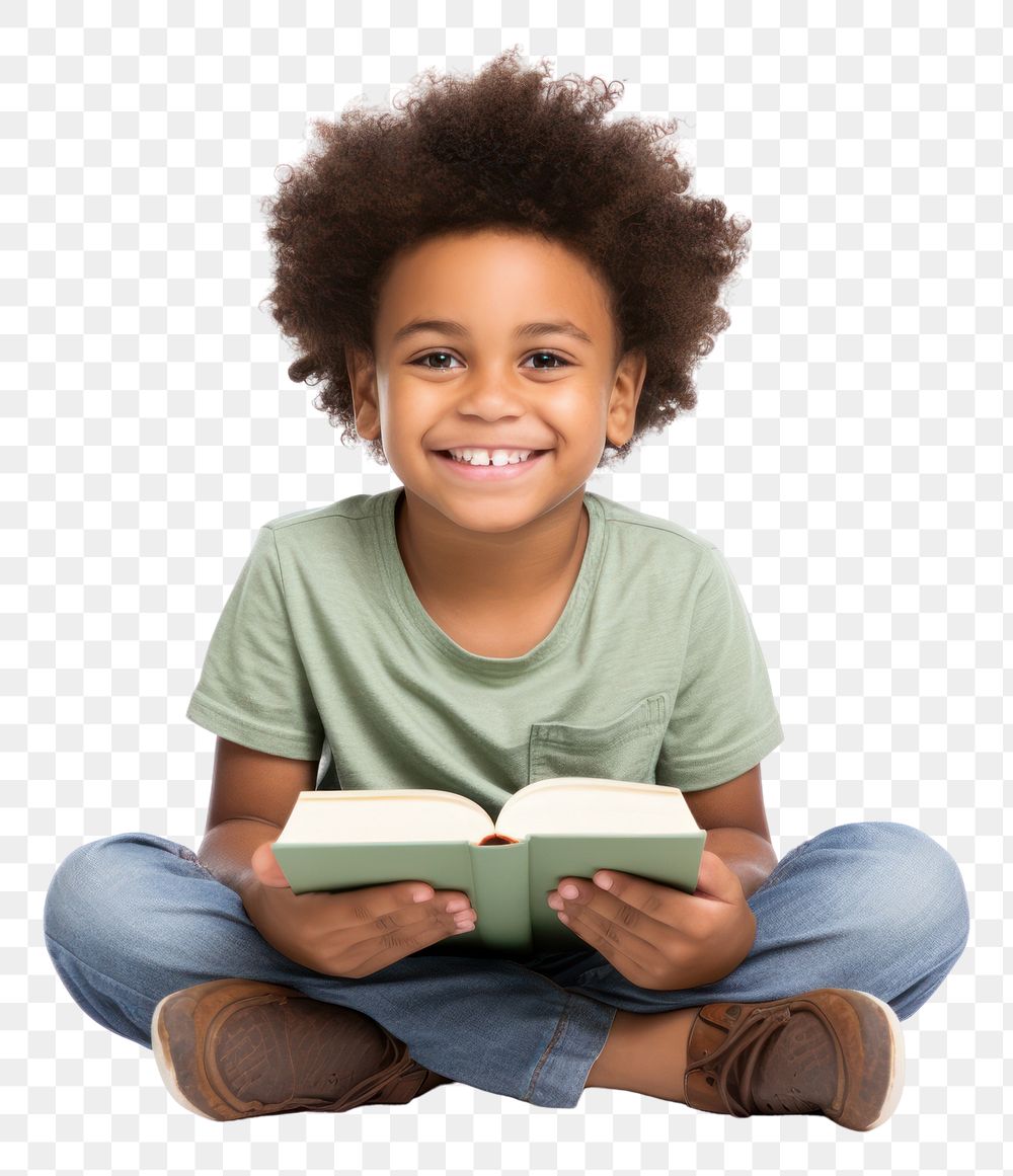 PNG African American happy kid with book on his lap sitting publication reading