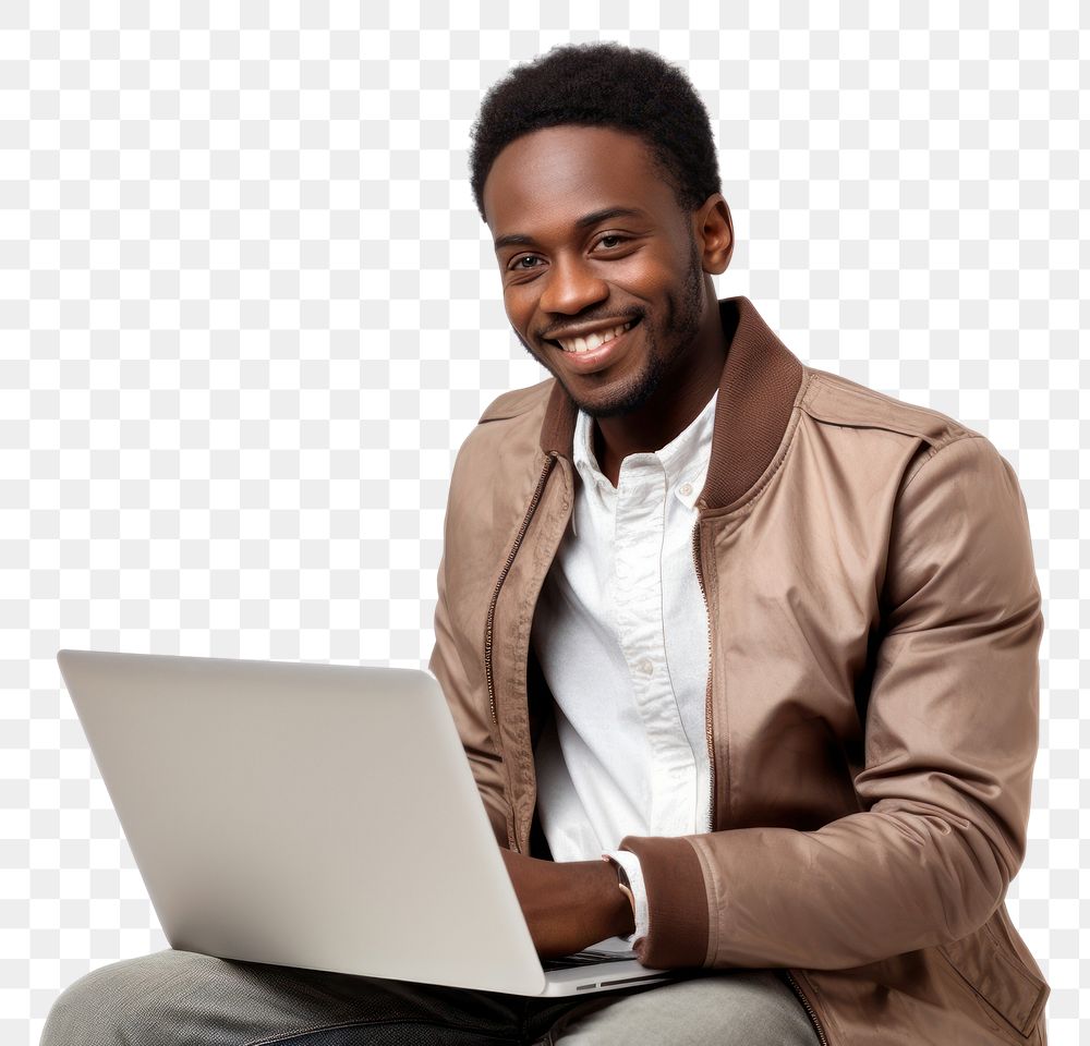 PNG African American happy man with laptop on her lap sitting computer smile
