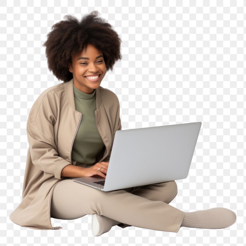 PNG African American happy woman with laptop on her lap sitting computer portrait