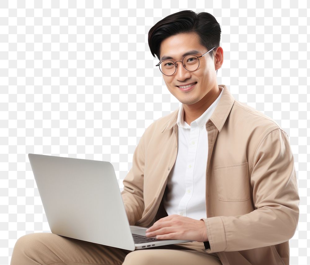 PNG Happy Asian man with laptop on her lap sitting computer glasses. AI generated Image by rawpixel.