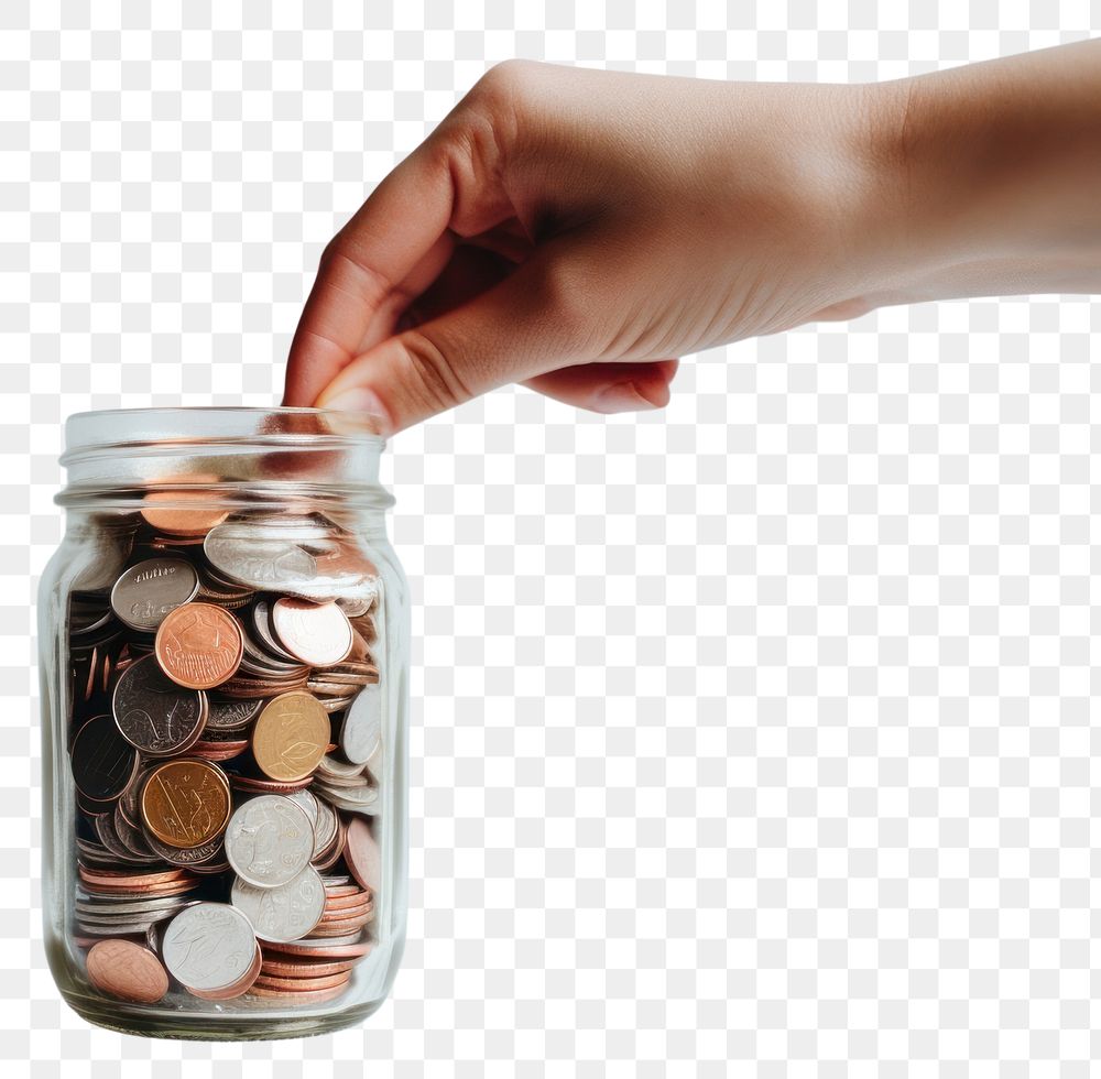 PNG  Hand holding coins in jar investment medication currency. AI generated Image by rawpixel.
