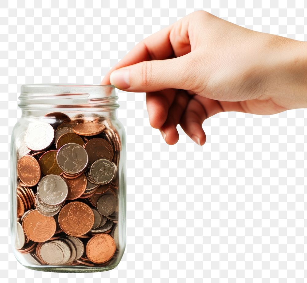 PNG  Hand holding coins in jar investment medication container. AI generated Image by rawpixel.