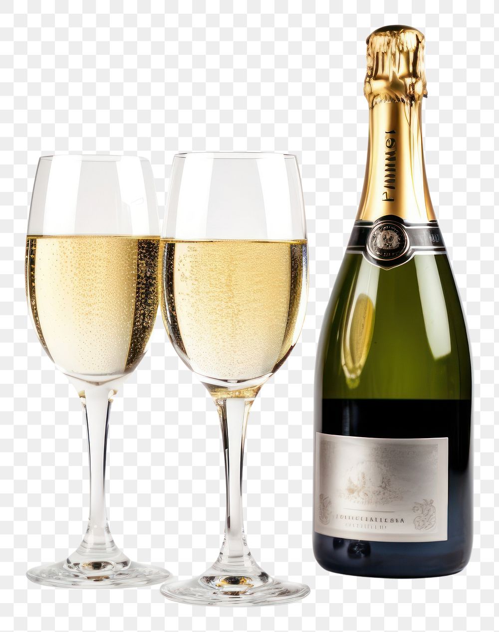 PNG  Two glasses of champagne and bottle drink wine white background.