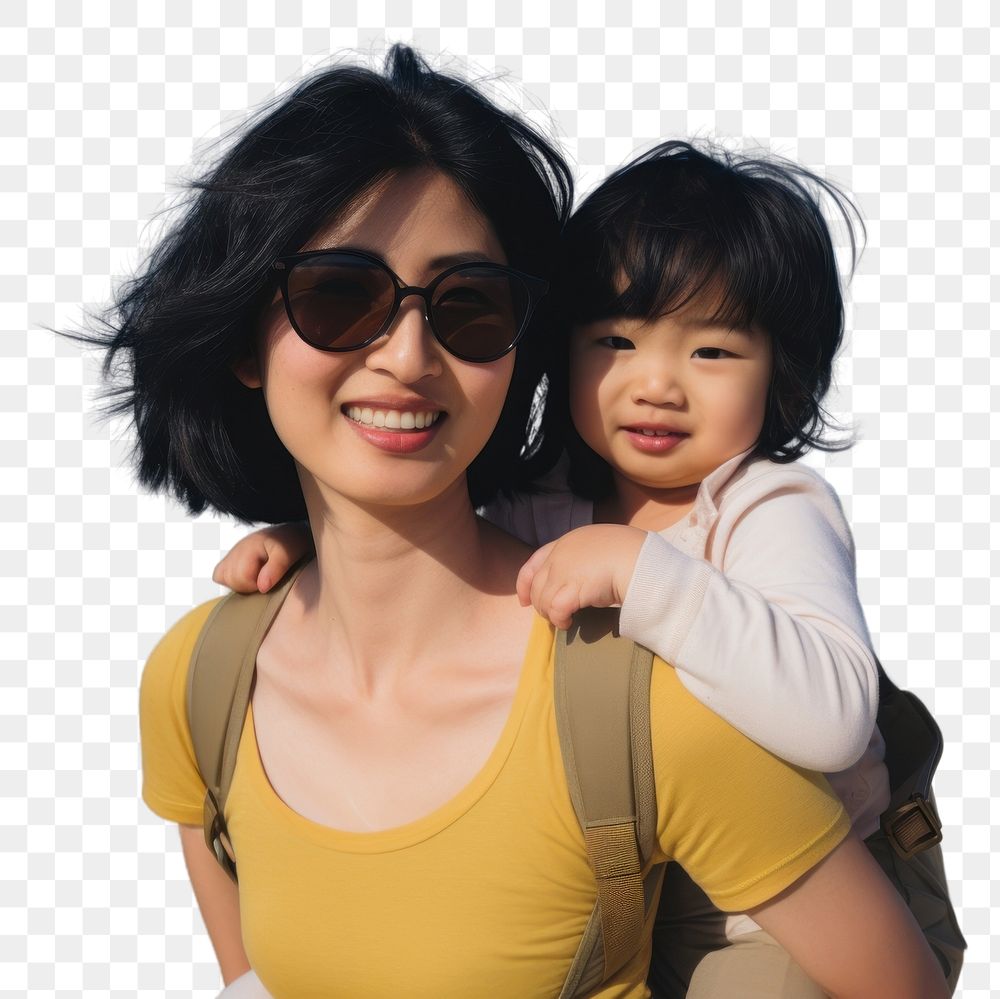 PNG Asian mom piggyback baby on a beach photography sunglasses portrait.