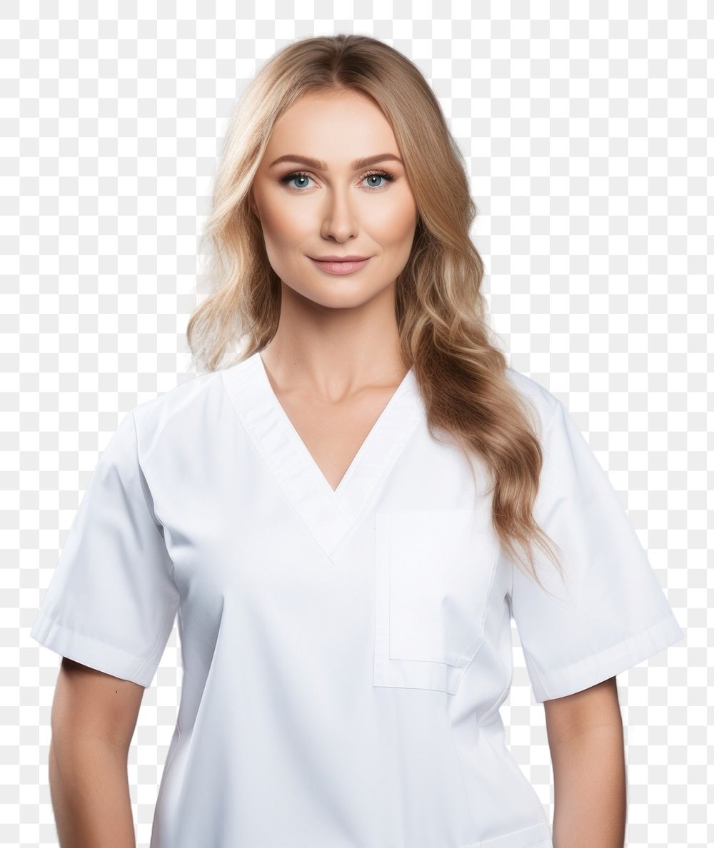 PNG White women wearing white medical scrubs suits portrait adult photo.